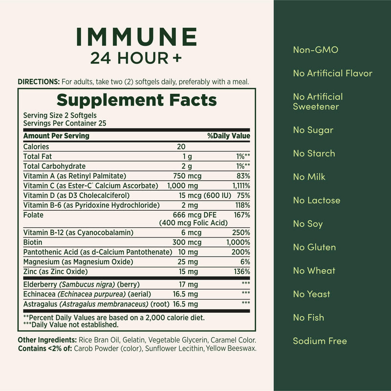 Nature's Bounty Immune 24 Hour +, 2 Softgels per Day, 50 Count 50 Count (Pack of 1)