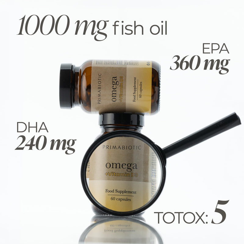 Omega 3 + D3 – Primabiotic Omega-3 Fish Oil 1000 mg + D3 (2000 IU) | High-Strength, Pure & Premium Supplement | 60 Capsules | Supports Heart, Brain & Immune System