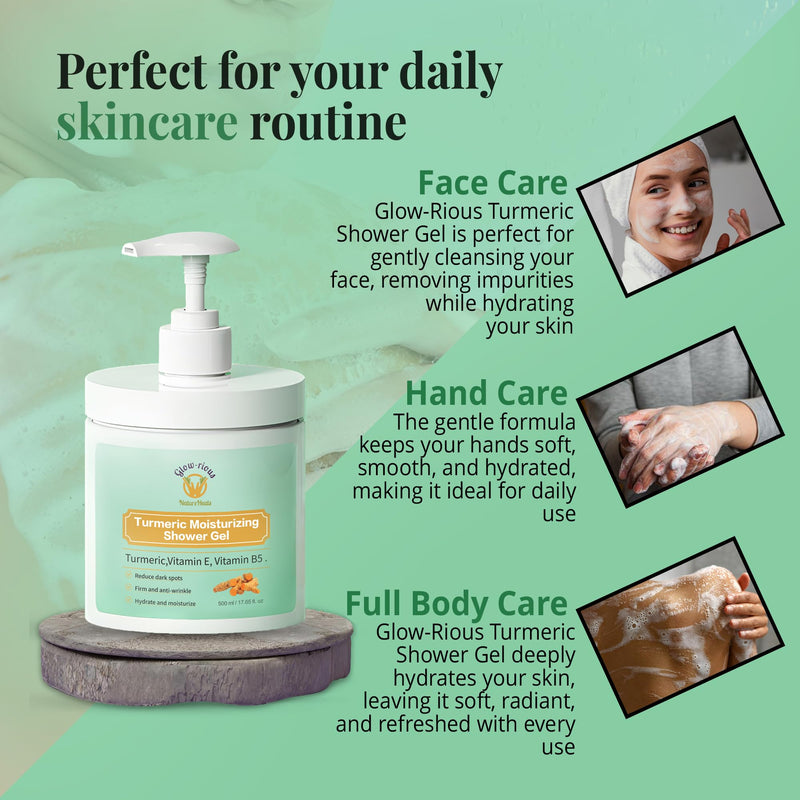 glow-rious Turmeric Body Wash with Vitamin E & B5 - Moisturizing Shower Gel for Smooth Skin - Daily Gentle Cleanser for Face, Hands & Body - 500ml
