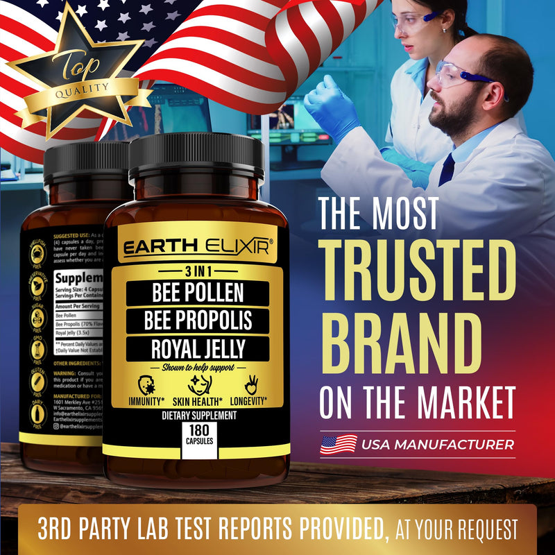 [Australia] - 3-in-1 Bee Pollen Organic 840mg (180 Caps) W/ 840mg Bee Propolis Capsule & 840mg Royal Jelly Capsule - 3rd Party Tested - Bee Pollen Supplement - Organic Bee Pollen Capsule -No Fillers 