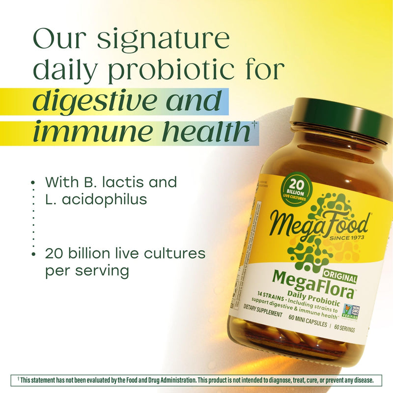 MegaFood MegaFlora Probiotic, 20 Billion Live Cultures, 90 Mini Capsules | Daily Probiotics for Women and Men Digestive Health, Immune Support Supplement, 14 Strains, Non-GMO, Vegetarian, 90 Servings 90 Count (Pack of 1)