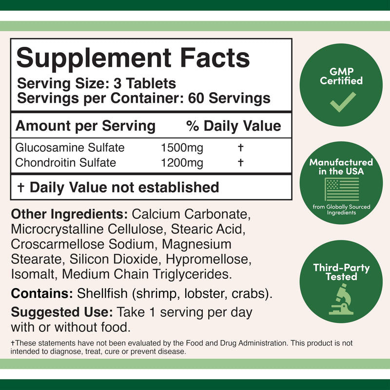 [Australia] - Glucosamine Chondroitin Triple Strength (1,500mg Glucosamine Sulfate, 1,200mg Chondroitin) 180 Tablets, Two Month Supply (Joint Support Supplement) Gluten Free, Non-GMO by Double Wood 