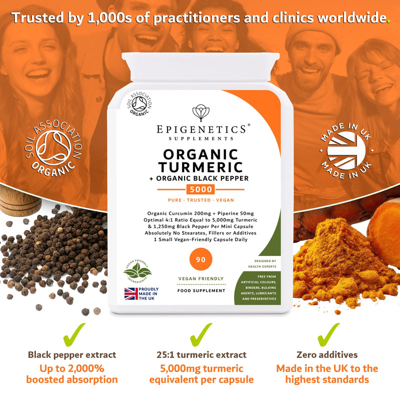 Organic Turmeric 5000mg + Organic Black Pepper 1250mg Per 1 Mini Capsule | Optimal Absorption 4:1 Ratio 95% Extract | UK Made Vegan 90 Servings (3 Months)