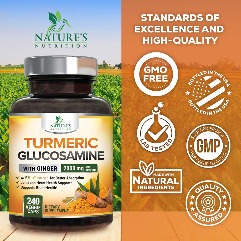 [Australia] - Turmeric Curcumin Supplement 2000mg - 95% Curcuminoids with Glucosamine, Ginger & MSM, BioPerine Black Pepper for Best Absorption, Nature's Vegan Joint Support, Non-GMO, Bottled in USA - 240 Capsules 240 Count (Pack of 1) 