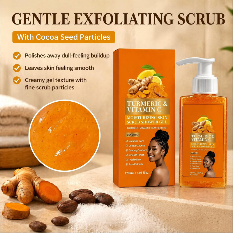 2pc Turmeric Vitamin C Orange Exfoliating Shower Gel with Cocoa Seed Scrub Particles, Mattifying Skin Brightening Body Wash to Fix Uneven Skin Texture, Gentle Daily Body Only Cleanser 2PC