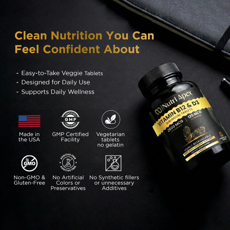 Vitamin B12 and D3 Sublingual Tablets – 2500mcg B12 (Methylcobalamin) + 5000 IU D3 (Cholecalciferol) Fast-Absorbing for Energy, Mood, Immune & Bone Health – Non-GMO, Soy-Free, Made in USA, 60 Tablets 60 Count (Pack of 1)