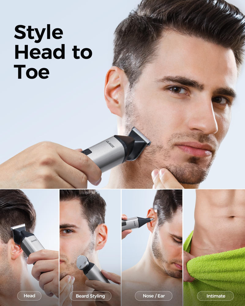 [Australia] - GLAKER Beard Grooming Kit - All in One Hair Cutting Kits, Electronic Shaving Razor, Professional Barber Kit, Mens Body Hair Shaver, Cordless Nose Hair Trimmer, Rechargeable Hair Clippers for Men Silver 