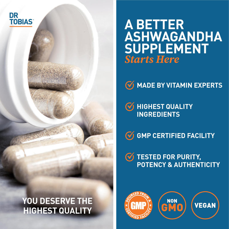 [Australia] - Dr. Tobias Ashwagandha Capsules, 1300mg Organic Ashwagandha Root Extract Per Serving with Black Pepper, Calming Adaptogen, Energy & Focus Supplement, 60 Vegetarian Capsules 