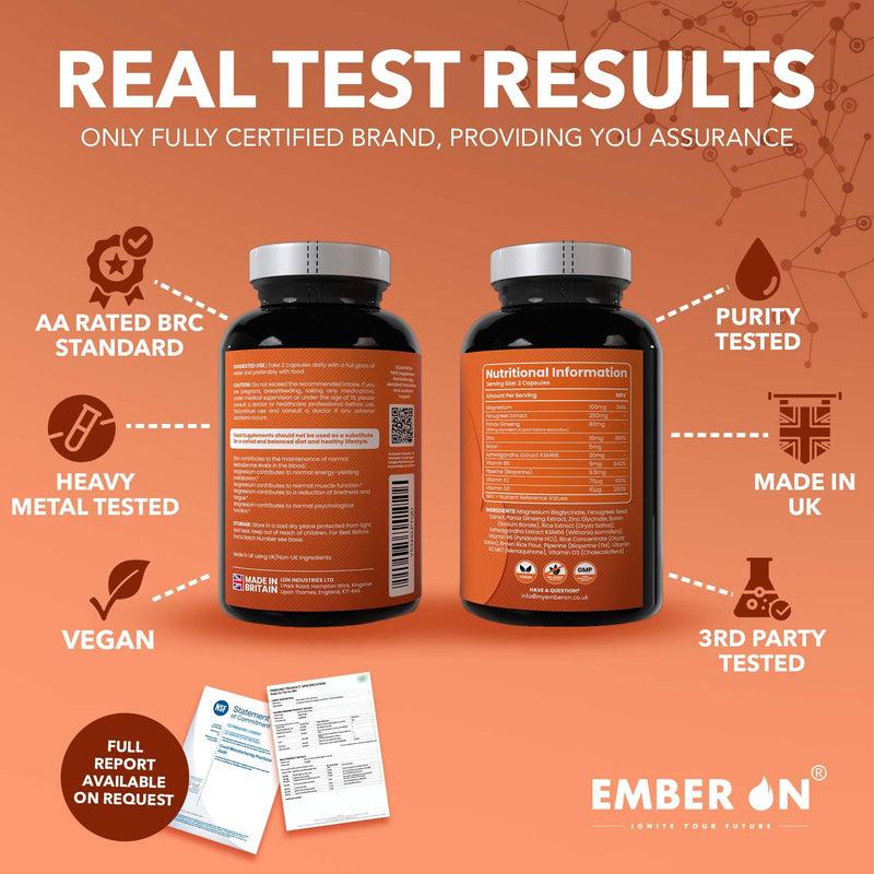 EMBER ON Test On Supplement for Men | High Strength Booster Supplements | 10-in-1 Magnesium Zinc Ashwagandha Boron Fenugreek VitD3 VitB6 VitK2 & Panax Ginseng | 180 Vegan Capsules | UK Made