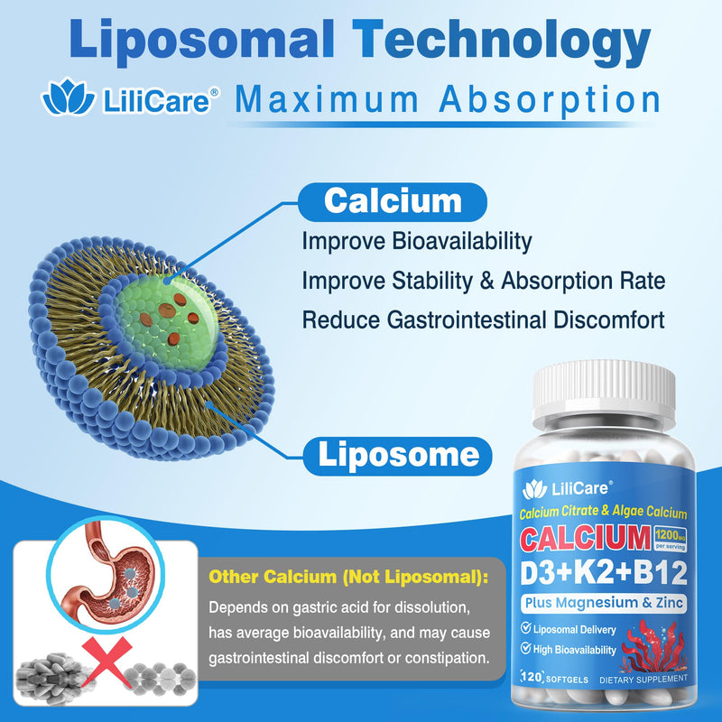 Calcium 1200 mg with Vitamin D3 K2 5000 IU Softgels Supplement for Women Men - Liposomal Calcium Citrate & Algae Calcium Magnesium Zinc + D3 K2 B12, Plant-Based Vegan Vitamin D, Boron for Bone,120ct 120 Count (Pack of 1)