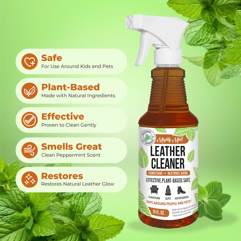 [Australia] - Mighty Mint Leather Cleaner and Conditioner, Plant-Based, Hydrating Spray to Clean and Protect Leather Items, Natural Peppermint Scent, 16oz 