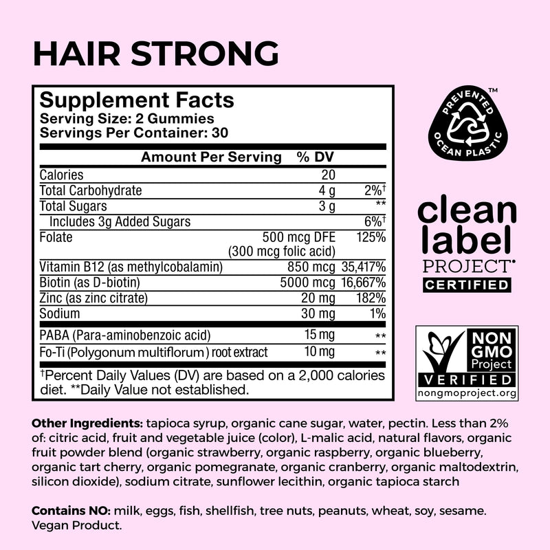 HUM Hair Strong Strawberry Gummies, Hair Growth Support, 60 Count | Folic Acid, Fo-Ti Root Extract, Biotin, Zinc & B12, Vegan Strawberry Gummies, Women & Men 30-Day Supply