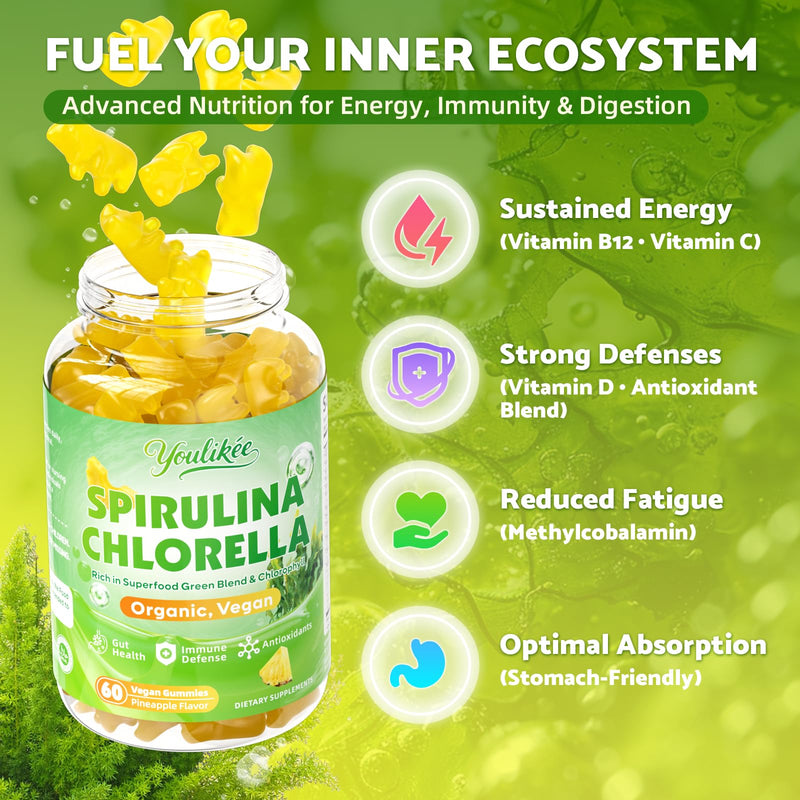 Spirulina Chlorella Gummies, Support Energy, Immune System & Antioxidant | Super Greens Blend with Protein, Chlorophyll, Vitamin C, D3, B12, Zinc, Pineapple Flavor, 60 Count 60 Count (Pack of 1)