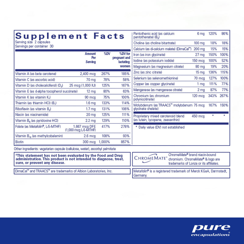 [Australia] - Pure Encapsulations PreNatal Nutrients - for Pregnancy & Lactation - Aids Energy & DNA Development* - with Folate, Choline & Iron - Gluten Free & Non-GMO - 60 Capsules 60 Count (Pack of 1) 