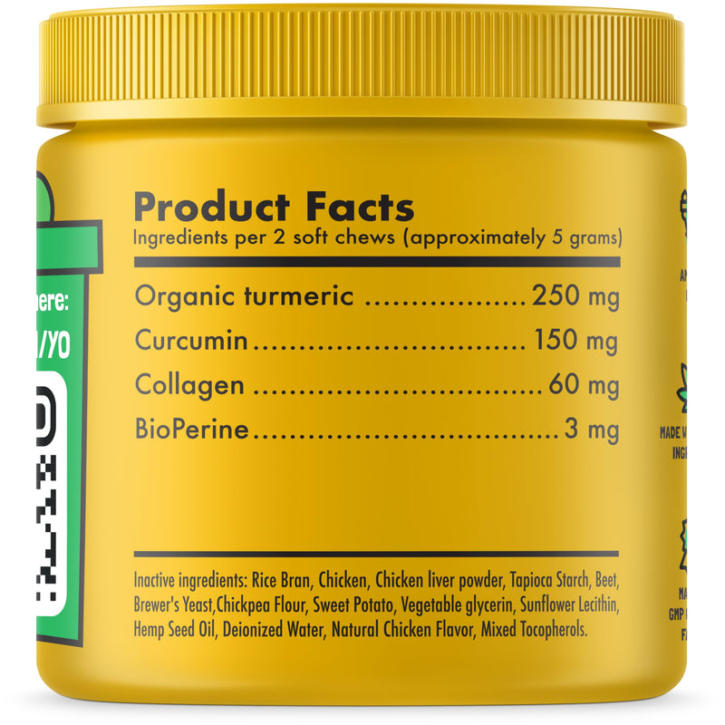 Turmeric Curcumin Hip & Joint Dogs Supplement Anti-Inflammatory Support for Arthritis & Mobility with Collagen & BioPerine Pain Relief Antioxidant Digestive Cardiovascular and Liver Health 120 Chews 1 Count (Pack of 120) - PawsPlanet Australia