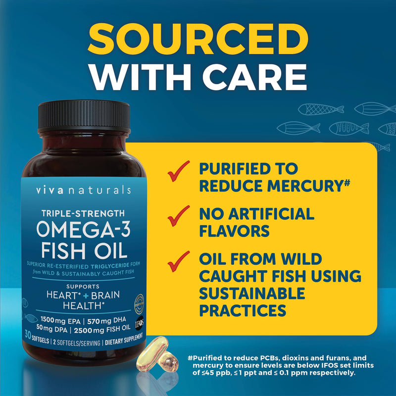 Viva Naturals Omega-3 Fish Oil, Triple Strength, 2500 mg, 30 Softgels – Re-Esterified Omega 3 Fatty Acids Including EPA, DHA, DPA - Pascatarian-Friendly 30 Count (Pack of 1)