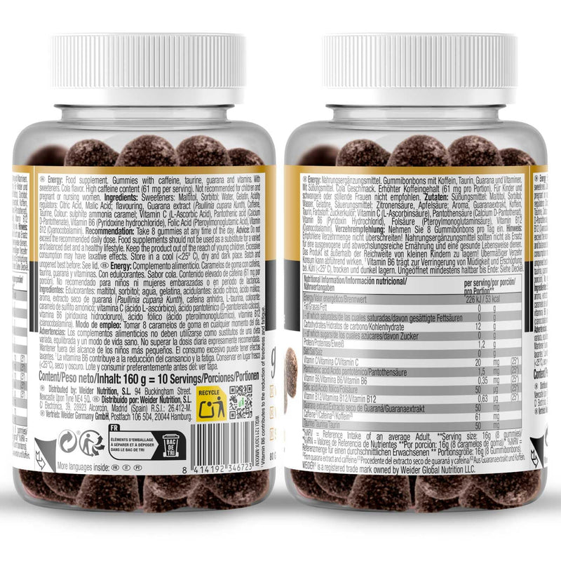Weider Energy Caffeine Gummies (80 Gums) Cola Flavour. Caffeine Gummies with Guarana, Taurine, Vitamin B and C. Sugar Free. Allergen Free. (10 Servings) ENERGY CAFFEINE 80 GUMS