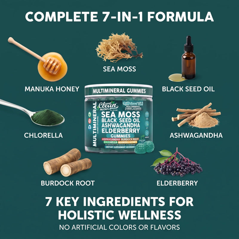 Sea Moss Gummies | Clinically Tested - Black Seed Oil Ashwagandha Elderberry Burdock Root Chlorella Manuka Honey - Vegan Irish Sea Moss Gummy Vitamins for Adults Kids Men Women - Green Apple Flavor 1