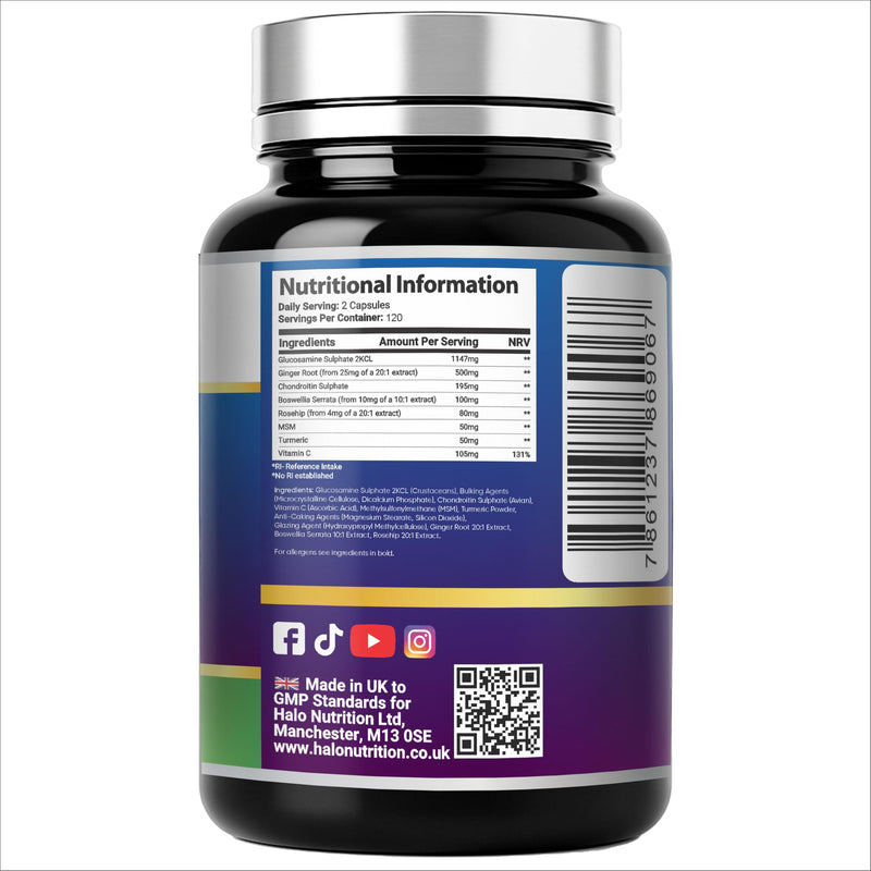 Glucosamine and Chondroitin MSM High Strength with Vitamin C Turmeric Ginger and Rosehip, 120 Capsules Made in The UK Food Supplements by HALO Nutrition