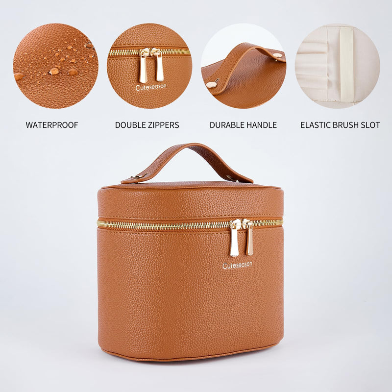 Large Makeup Bag Organizer, PU Leather Makeup Case with Removable Dividers, Waterproof Travel Cosmetic Bag(Light Khaki) Light Khaki