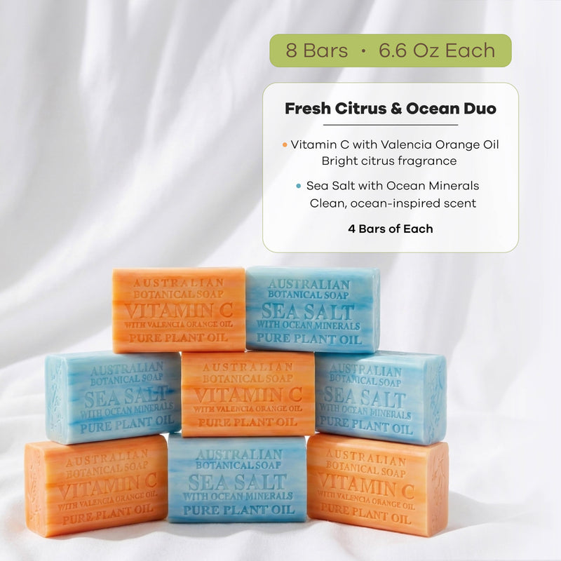 Australian Botanical Soap Valencia Orange & Sea Salt Soap Bars, Pack of 8 | Variety Pack, 6.6 oz Each: 4 Valencia Orange and 4 Sea Salt; with Shea Butter, Ocean Minerals & Vitamin C for Hands and Body Valencia Orange, Sea Salt 6.6 Ounce (Pack of 8)