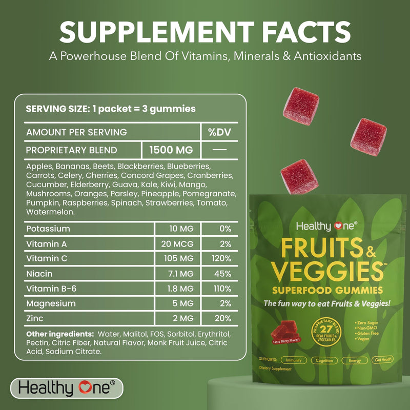 Fruits & Veggies 27-in-1 Superfood Gummy Formula, GLP1 Support - 14 Serv | Immun & GLP1 Support, 1 Serving = 3 Servings Fruits & Vegetables, Energy & Focus, High Fiber, Antioxidants, Kid Safe 14 Count (Pack of 1)