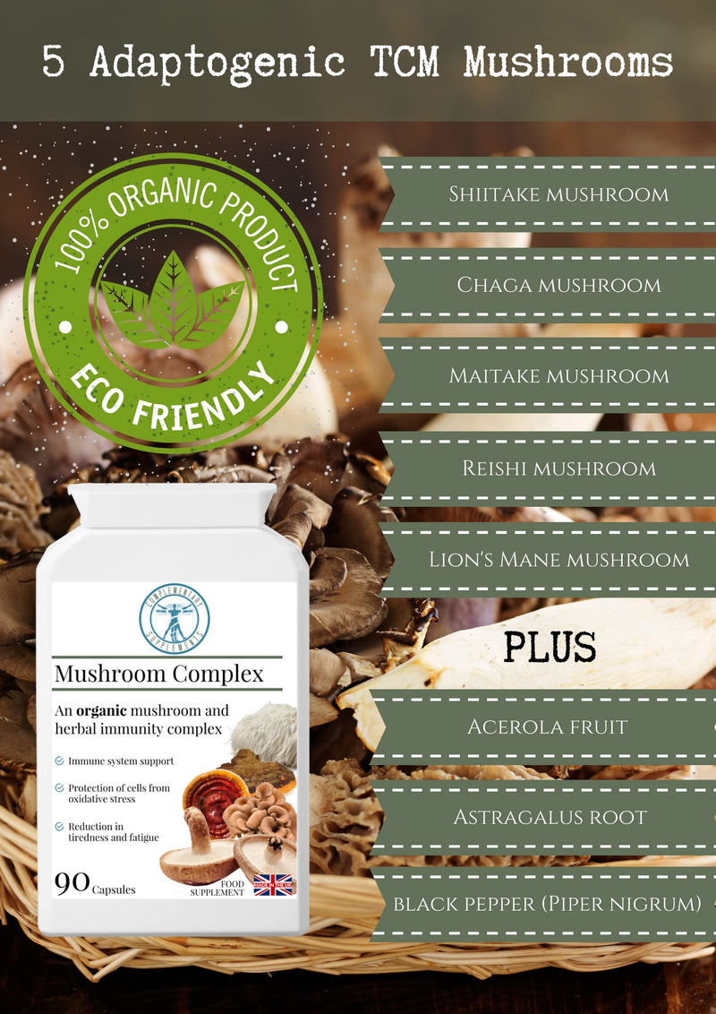 Organic Mushroom Complex - Immune System & Energy Support - Traditional Herbal TCM Adaptogen Blend – Maitake, Chaga, Shiitake, Reishi, Lion's Mane, 90 Capsules