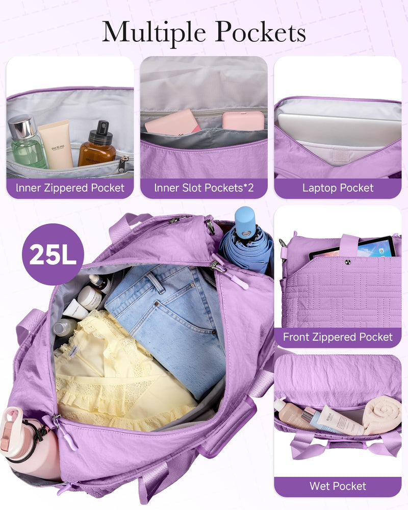 Carry On Travel Bag for Women, Personal Item Weekender, Purple | 17"X10"X9.5" , 25L, Quilted Carry On Personal Item Bag for Airlines, Underseat Travel Bag for Weekend Trips, Overnight, Gym Violet