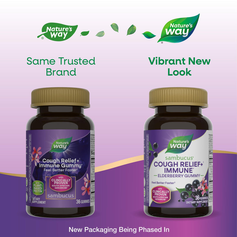 Nature's Way Sambucus Cough Relief +(1) Immune* Elderberry Gummy, 36 ct | Gummy with Clinically Proven South African Geranium Root Extract(1), Elderberry Extract, Vitamin C & Zinc 36 Count