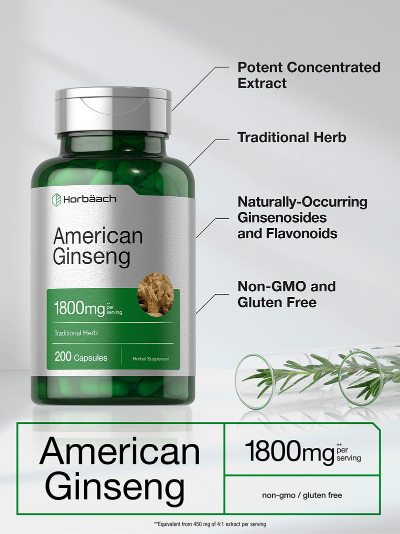 Horbäach American Ginseng Capsules | 1800 mg | 200 Count | Non-GMO, Gluten Free Supplement | Ginseng Root Extract Complex