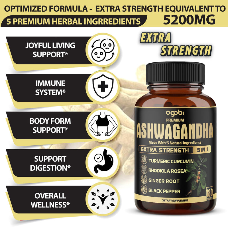[Australia] - 5in1 Premium Ashwagandha Capsules - Added Turmeric, Rhodiola Rosea, Ginger, Black Pepper - Strength, Spirit & Immune Support - 180 Caps for 6 Months 180 Count (Pack of 1) 