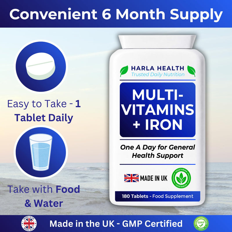 Multivitamins with Iron – 180 Vegetarian Tablets (6-Month Supply) | Daily Energy, Immune Support & Overall Wellbeing for Men & Women | UK Made, GMP Certified