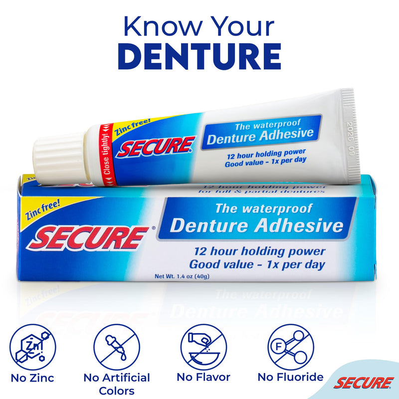 [Australia] - Secure Waterproof Denture Adhesive - Zinc Free - Extra Strong Hold For Upper, Lower or Partials - 1.4 oz (Pack of 5) 