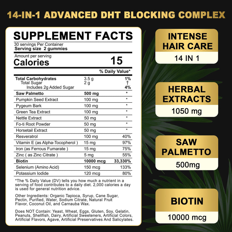 [Australia] - DHT Blocker Gummies Hair Growth Supplement, Super Potency Saw Palmetto & Biotin 10000 mcg for Women & Men, Plus 12 Proprietary Blend - Prevent Hair Loss, Blocking DHT Receptors, Hormonal Balance 60 Count (Pack of 1) 
