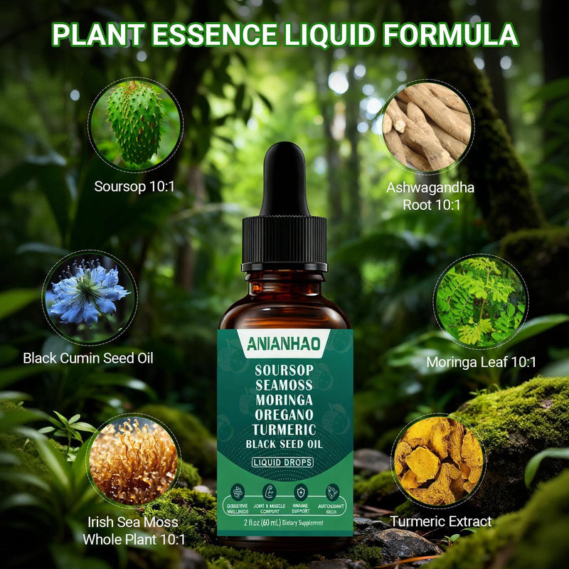 10-in-1 Soursop Bitters Liquid Drops, with Sea Moss, Moringa, Turmeric, Black Seed Oil, Oregano, Ashwagandha | Herbal Extracts for Overall Health-Enhancing | Vegan, Non-GMO | 60ml