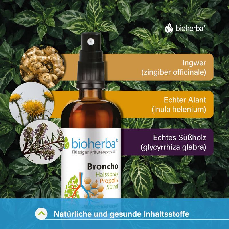 [Australia] - BIOHERBA throat spray broncho with propolis extract 50 ml - natural throat spray - cough suppressant with ginger + vitamin C and plant extracts, supports immune system, PZN: 17188640 1 piece 