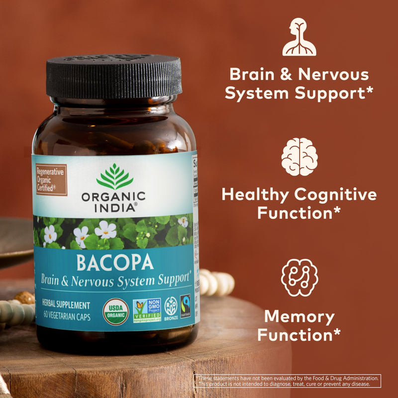 [Australia] - ORGANIC INDIA Bacopa Supplement - Bacopa Monnieri Organic, Brain, Focus, & Memory Support for Women & Men, Ayurvedic Herbs, Non GMO, Fairtrade Certified - 60 Vegan Capsules 