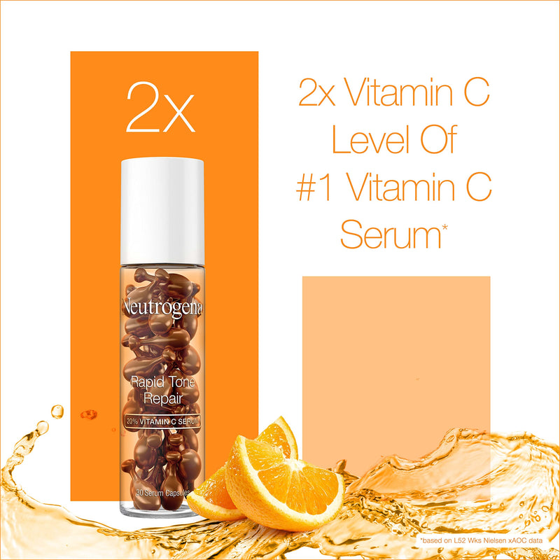 Neutrogena Rapid Tone Repair 20% Vitamin C Brightening Serum Capsules, Antioxidant Face Serum to Brighten Look of Dark Spots & Even Skin Tone, Oil-Free, 30 Serum Capsules | Antioxidant Face Serum to Brighten Look of, Oil-Free