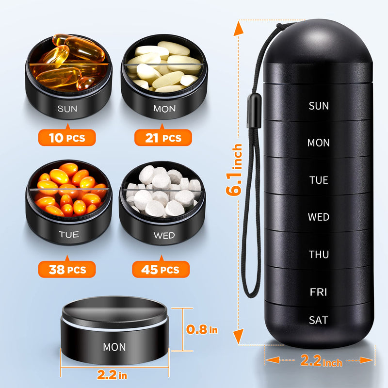 Zannaki Weekly Pill Organizer 7 Day 2 Times a Day, Portable Metal Travel Waterproof AM PM Pill Box,Large Pill Case Container, BPA Free Daily Medicine Organizer Holder for Vitamin, Fish Oil, Supplement Black-xl(2 Times a Day)