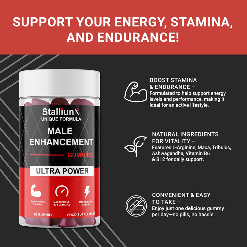 StalliunX - Men's Wellness Gummies for Energy & Vitality, with L-Arginine, Maca & Ashwagandha, Made in the UK, GMP Certified, 60 Gummies