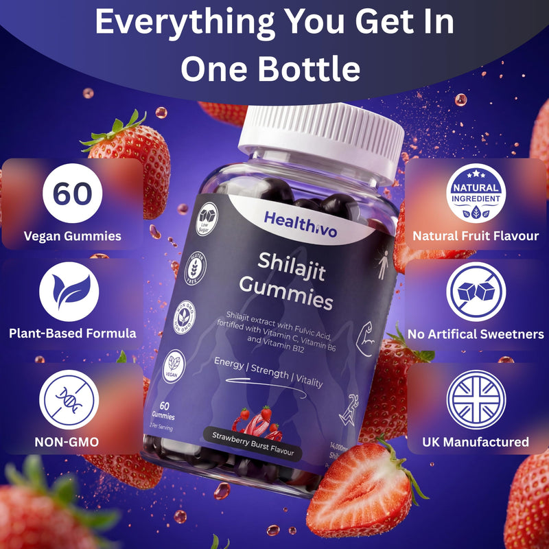 Shilajit Gummies High Strength 14,000mg, 60 Gummies, Vegan | Shilajit Gummies for Women and Men, 20% Fulvic Acid, Strawberry Burst Flavour, Energy and Vitality, Gluten Free