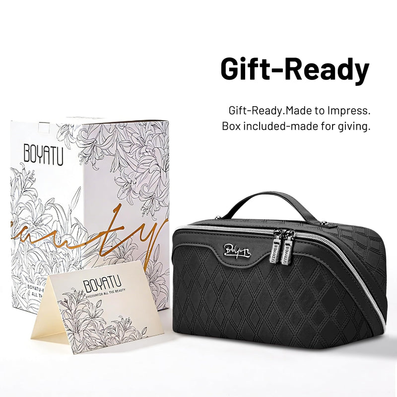 BOYATU Travel Makeup Bag, Large Capacity 3-Piece Cosmetic&Toiletry Bag Set | Thoughtfully Organized | Detachable Pouches | Opens Flat for Easy Packing | Waterproof PU Leather A-4-Black