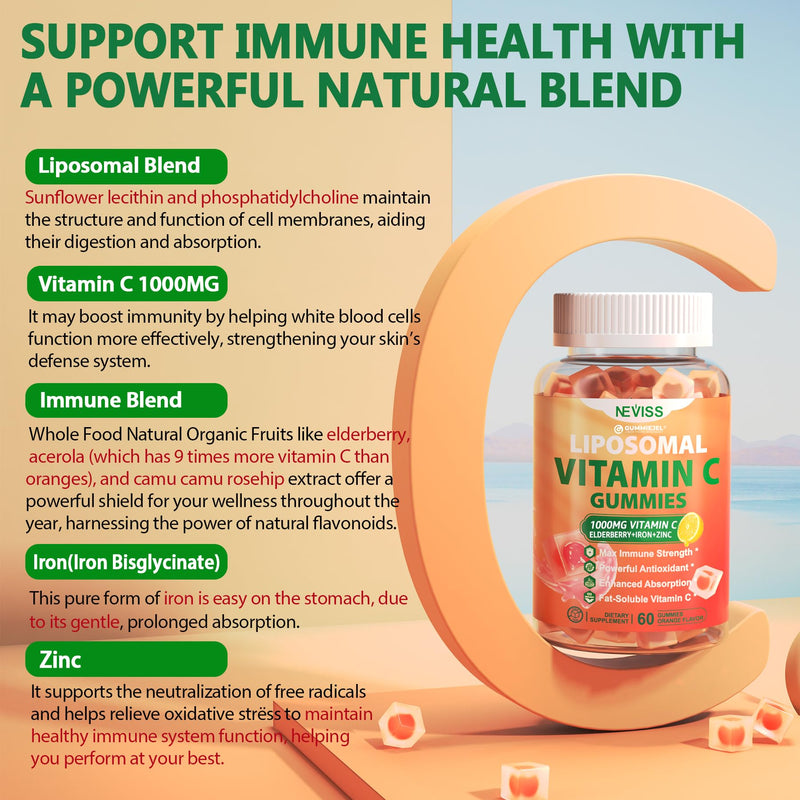 Liposomal Vitamin C 1000mg Gummies for Adults - Vitamin C Chewable with Elderberry, Zinc & 8mg Iron, Sugar Free Vit C Supplements, Daily Immune Support Gummies for Energy, Collagen Booster, 120 Counts 60 Count (Pack of 2)