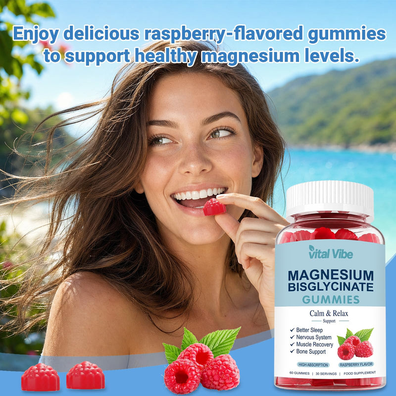 Magnesium Bisglycinate Gummies 400mg, Chelated Magnesium with Vitamin B6 & D3 for Women & Men, Max Absorption Magnesium Supplement for Sleep, Stress, Muscle Support, Raspberry, 60 Gummies