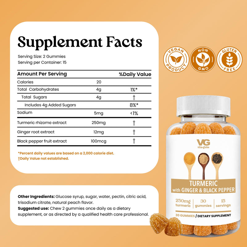 Turmeric Curcumin Gummies 250mg with Ginger & Black Pepper | Non-GMO Vegan Turmeric Supplement, Joint & Digestive Support, Chewable, 60 Gummies 30 Count (Pack of 1)
