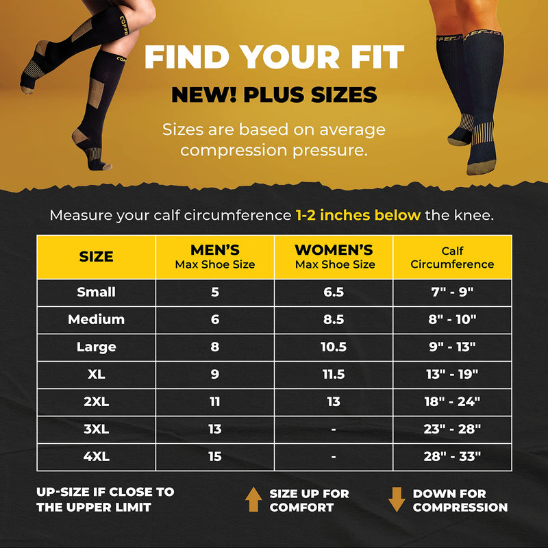 [Australia] - CopperJoint Wide Calf Copper Compression Socks for Women & Men - Diabetic Sock, Improves Circulation, Reduces Swelling & Pain - For Nurses, Running, & Everyday Use - Copper Infused Nylon (Large) Large Black 