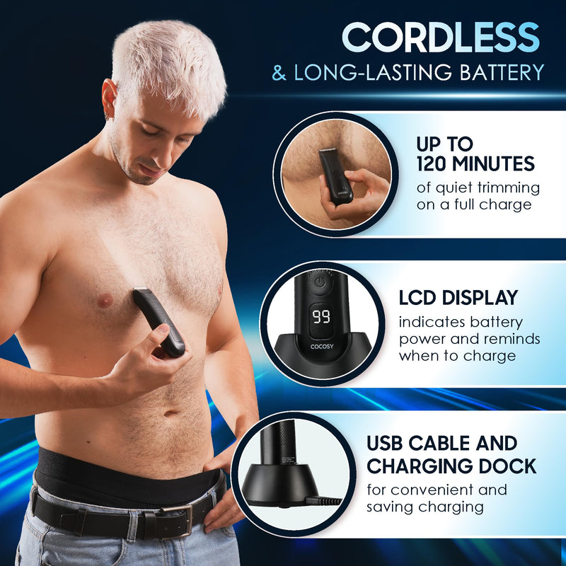 [Australia] - Body Hair Trimmer for Men - Ball Trimmer, Ceramic Blade, Waterproof Electric Groin Hair Trimmer with Standing Recharge Dock & Travel Pouch, Male Hygiene Razor 