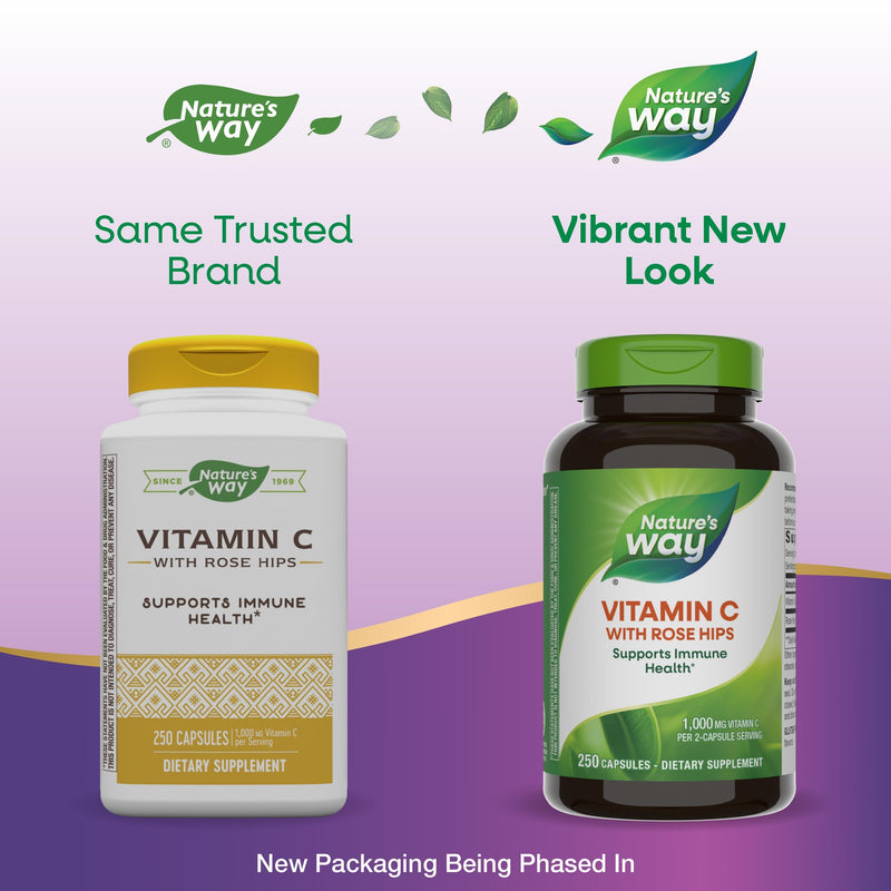 Nature's Way Vitamin C with Rose Hips - High-Potency Vitamin C for Immune System & Antioxidant Support* - Supports Collagen Production for Healthy Skin* - Gluten-Free - 250 Count (125 Servings, 2-Pk) 500 Count (Pack of 1)