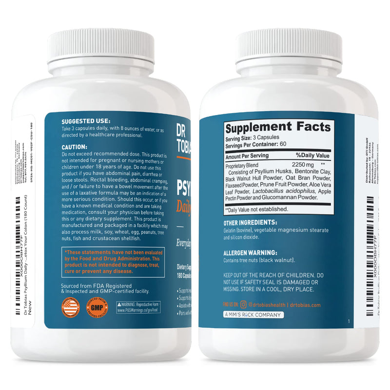 [Australia] - Dr. Tobias Psyllium Daily, Supports Healthy Bowel Movement, Psyllium Husk Capsules with Bentonite Clay, Flaxseed & Natural Ingredients, Daily Fiber Supplement in Support of Colon Health, 180 Capsules 
