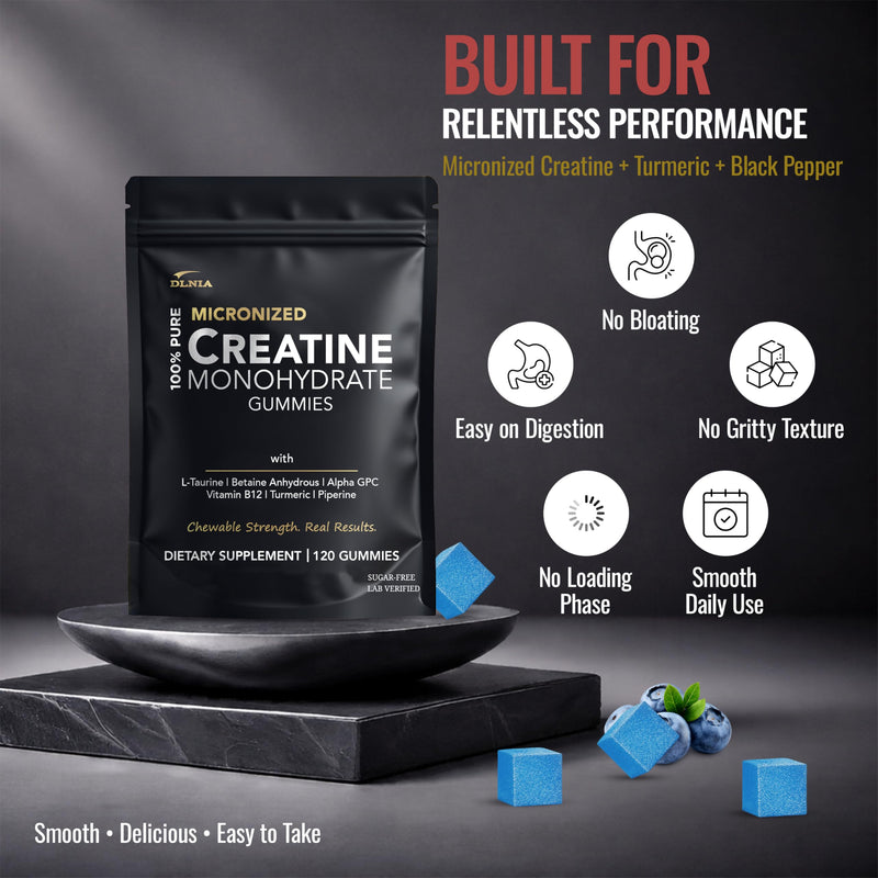 Creatine Monohydrate Gummies for Men & Women - Sugar Free & Vegan Advanced Formula W/L-Taurine + Vitamin B12 - for Muscle Strength, Muscles Builder, Recovery, Energy Boost, Pre-Workout Supplement Blueberry 120 Count (Pack of 1)